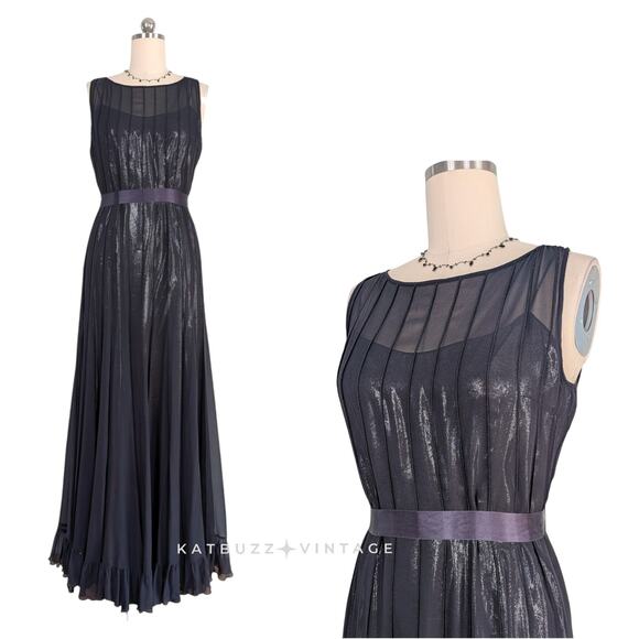 Teri Jon Silk Maxi Dress Evening Gown 10 Blue Chiffon Metallic Glam Classic Vtg - Picture 1 of 12